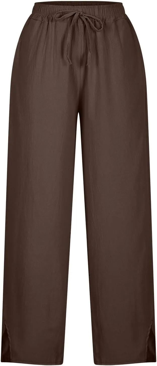 2025 Linen Pants Women High Waist Elastic Drawstring Lounge Trousers Casual Lightweight Side Split Summer Beach Pants