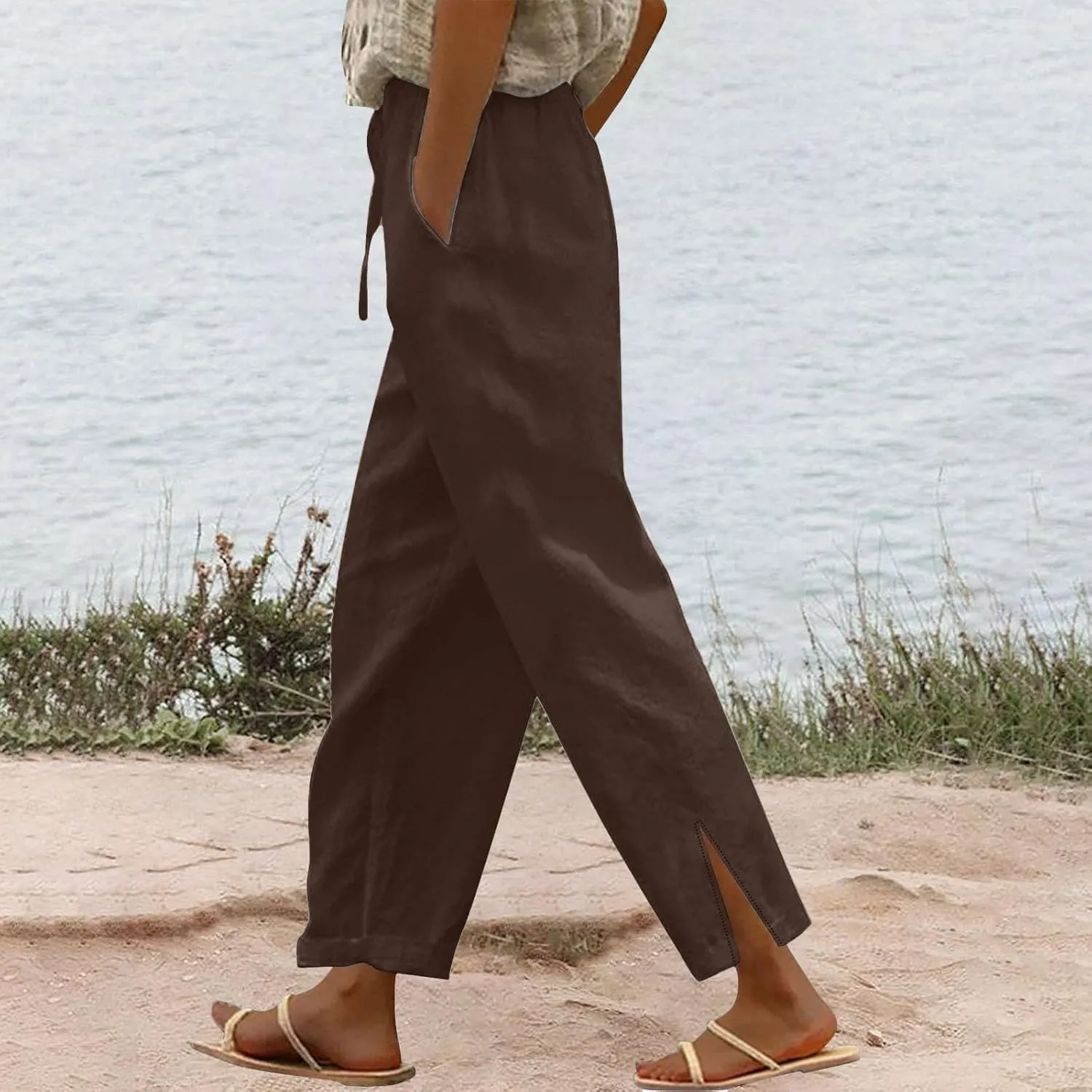 2025 Linen Pants Women High Waist Elastic Drawstring Lounge Trousers Casual Lightweight Side Split Summer Beach Pants