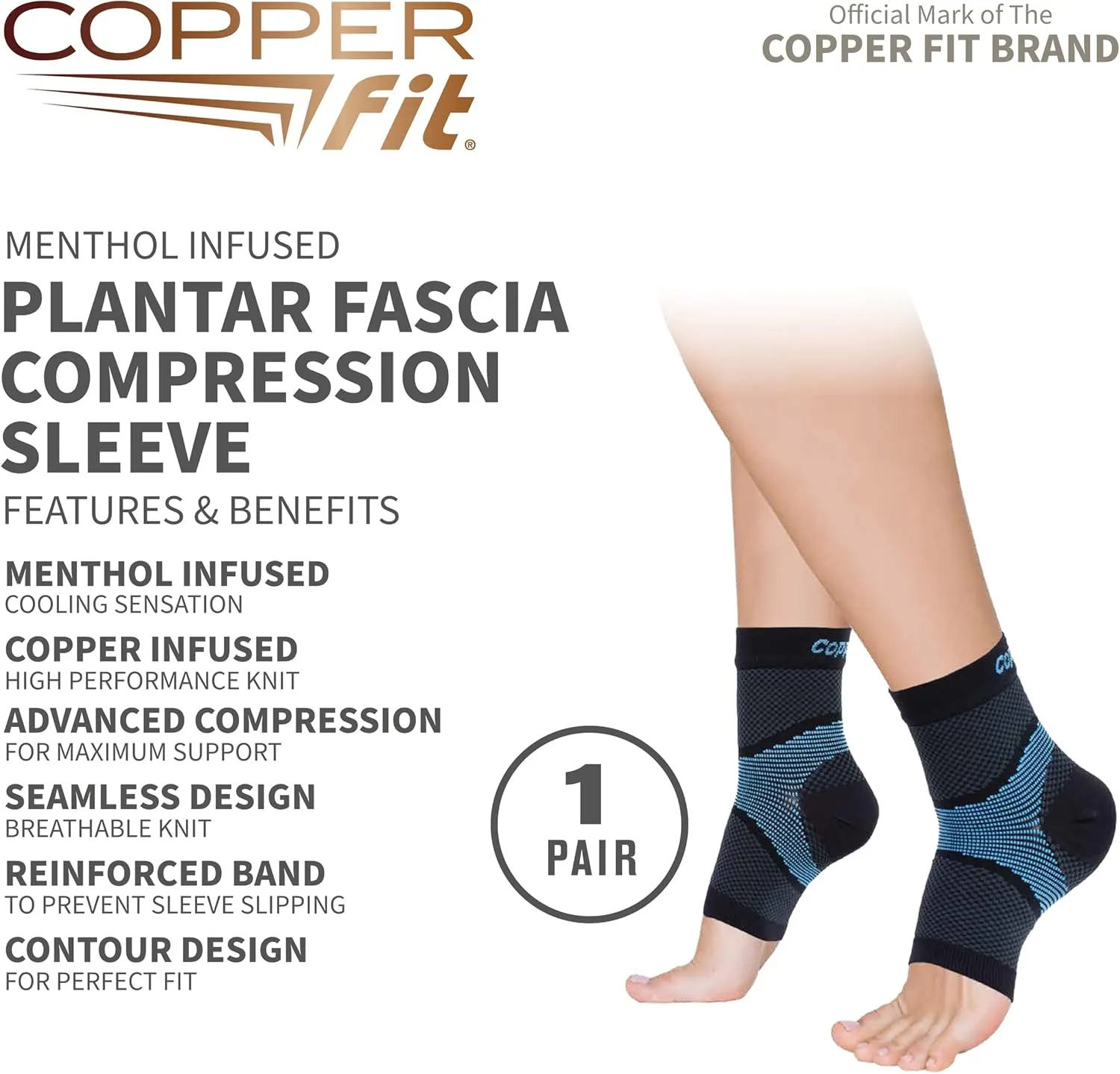 Copper Fit ICE Plantar Fascia Compression Foot and Ankle Sleeve Infused with Menthol, 1 Pair