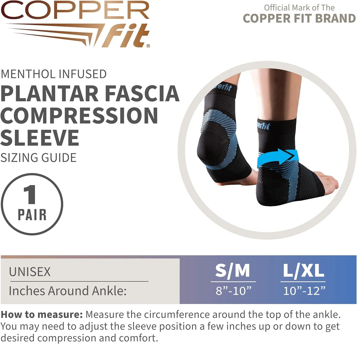 Copper Fit ICE Plantar Fascia Compression Foot and Ankle Sleeve Infused with Menthol, 1 Pair