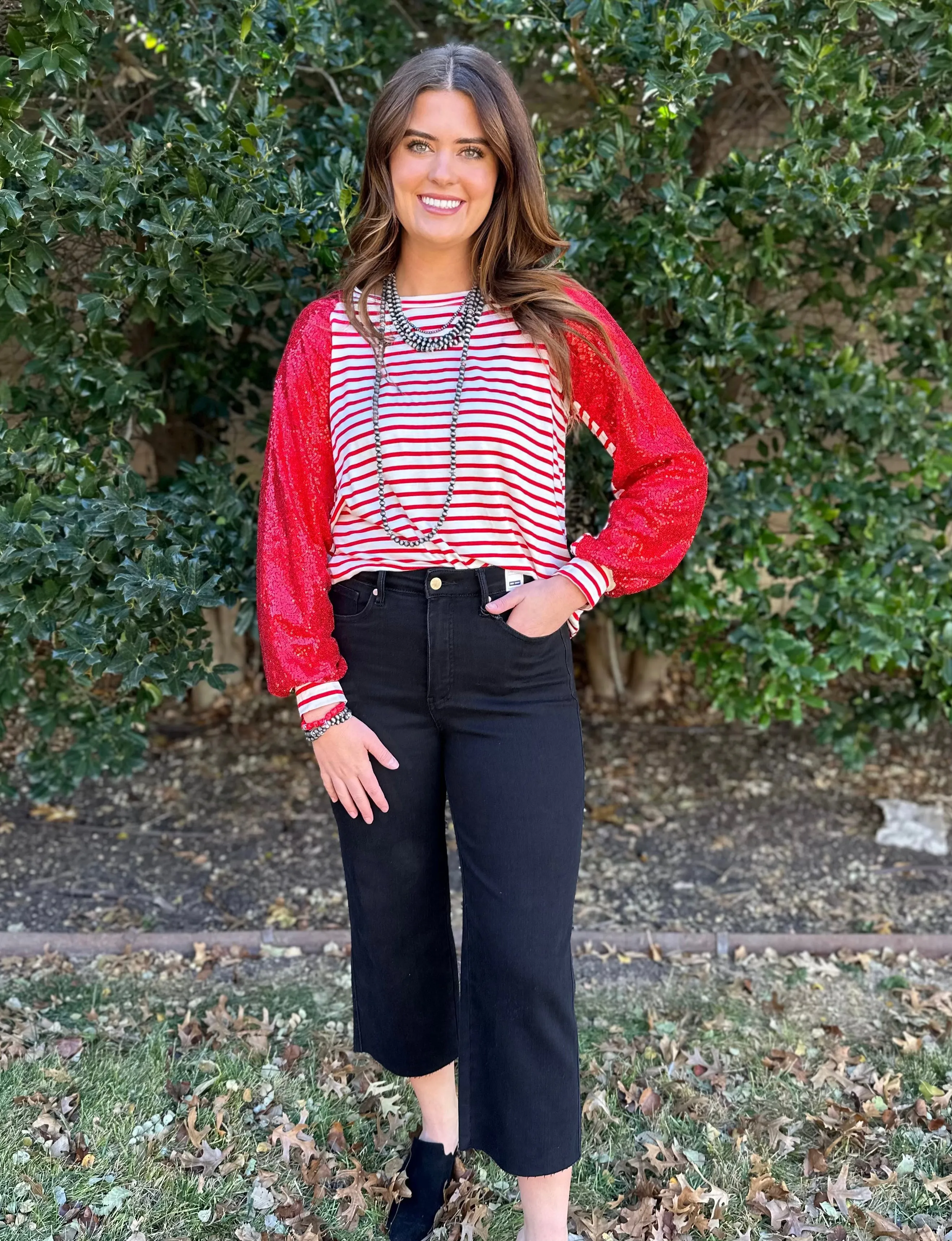Dazzle Stripe Sequin Sleeve Top