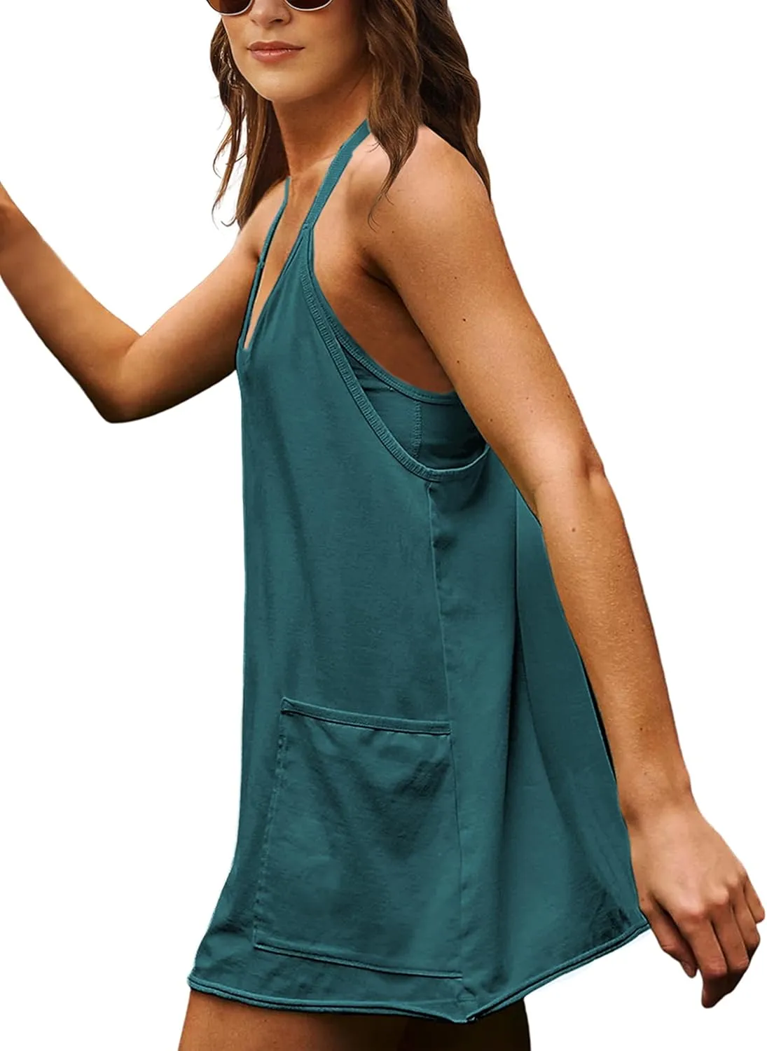 Faleave Women's Summer Sleeveless Mini Dress Athletic Spaghetti Strap Built-in Shorts Tennis Sundress with Pockets