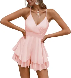 Fixmatti Women Spaghetti Strap Romper V Neck Backless Ruffle Chiffon Shorts Jumpsuit Playsuit