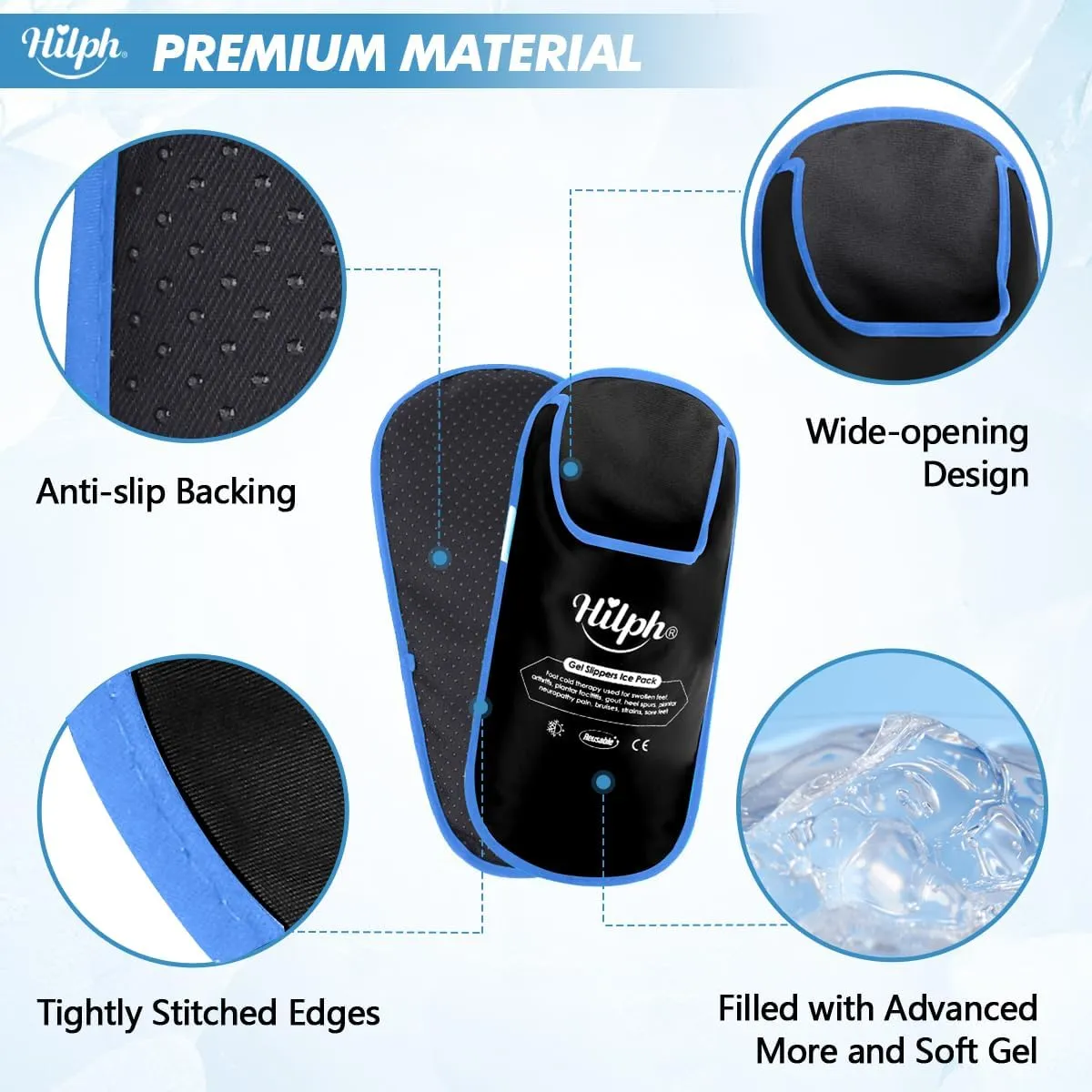 Hilph Foot Ice Pack Slippers for Plantar Fasciitis, 2 Packs - Reusable Hot & Cold Packs, Gel Ice Slippers for Foot, Broken Toes, Gout, Surgery, Neuropathy, Diabetic, Swollen (Black)