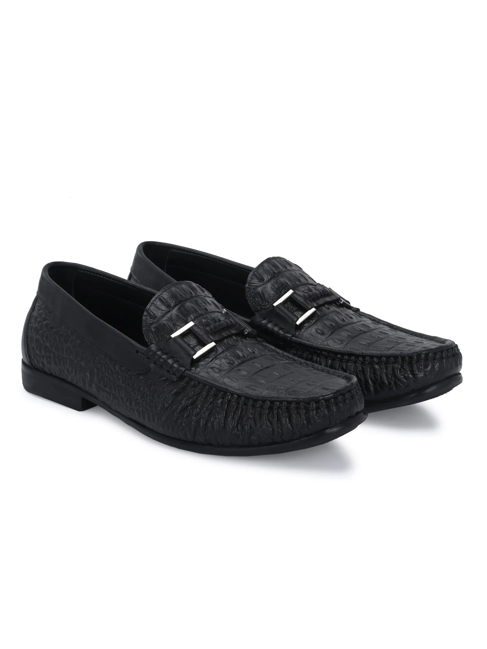 Hitz Men's Black Leather Casual Slip on Loafers