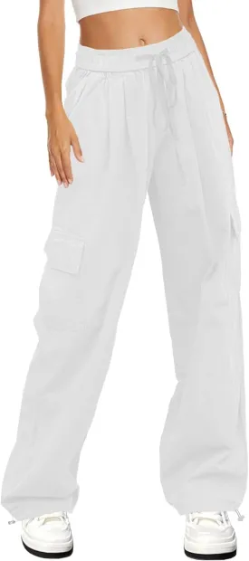 HVEPUO Womens High Waist Cargo Pants Y2K Wide Leg Cotton Baggy Hiking Pants Lightweight Elastic Waist Trousers with Pockets