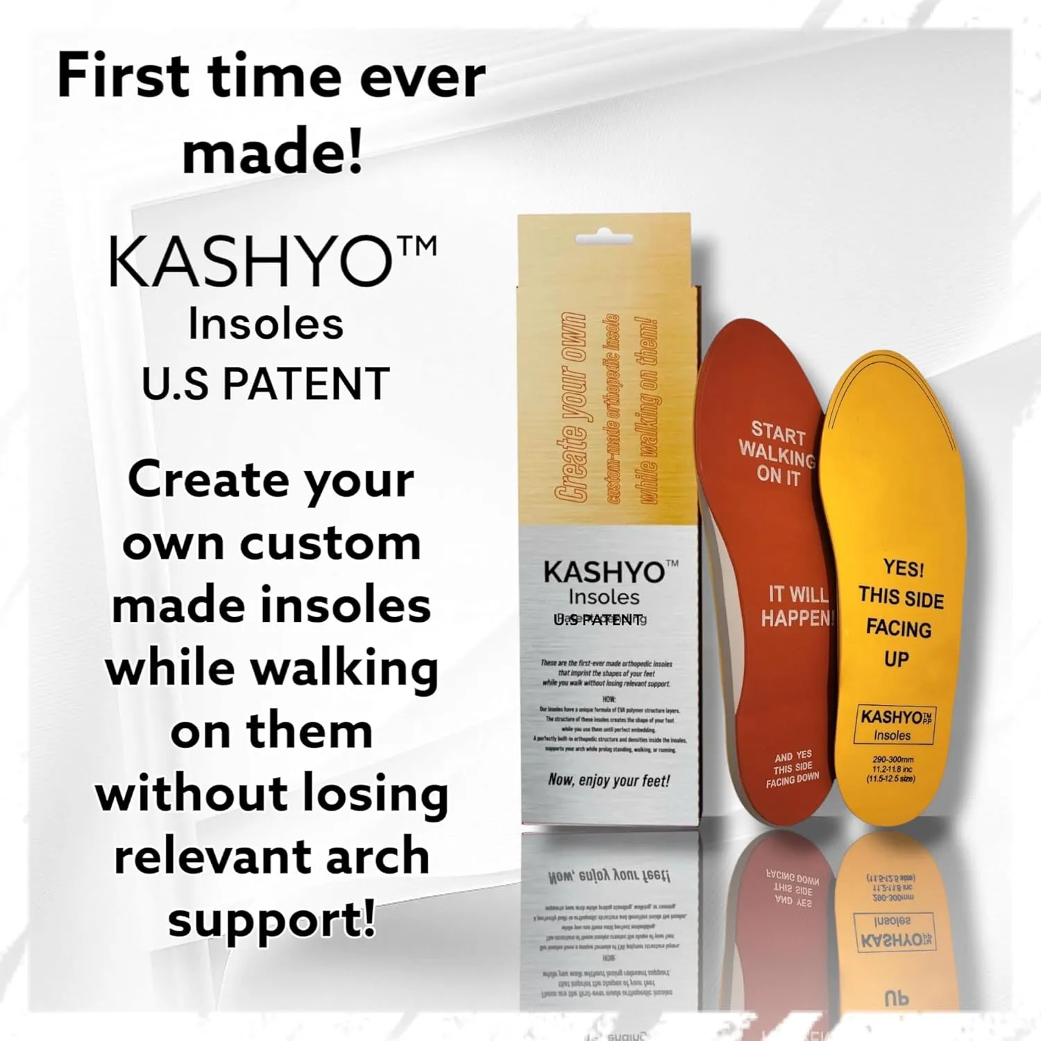 KASHYO Insoles- U.S. Patent! (M) Imprint Your Foot While You Walking on it! Plantar Fasciitis, Orthotics, Orthopedic Insert, Arch Support, Flat feet, Prolonged Standing, Walking, or Running!