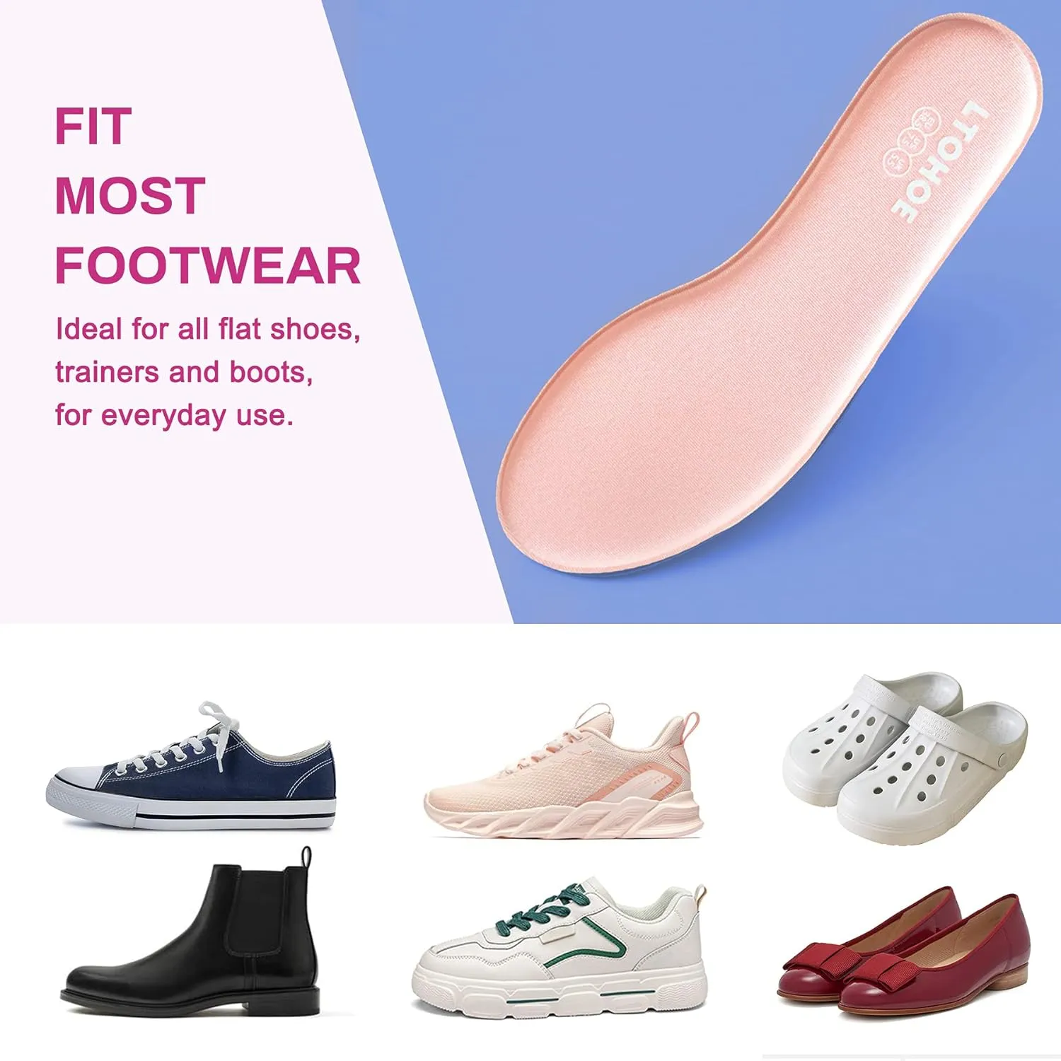 LTOHOE Memory Foam Insoles for Women, Replacement Shoe Inserts for Running Shoes, Hiking Shoes, Sneaker, Cushion Shoe Insoles Shock Absorbing for Foot Pain Relief, Comfort Inner Soles 8mm Pink US 7