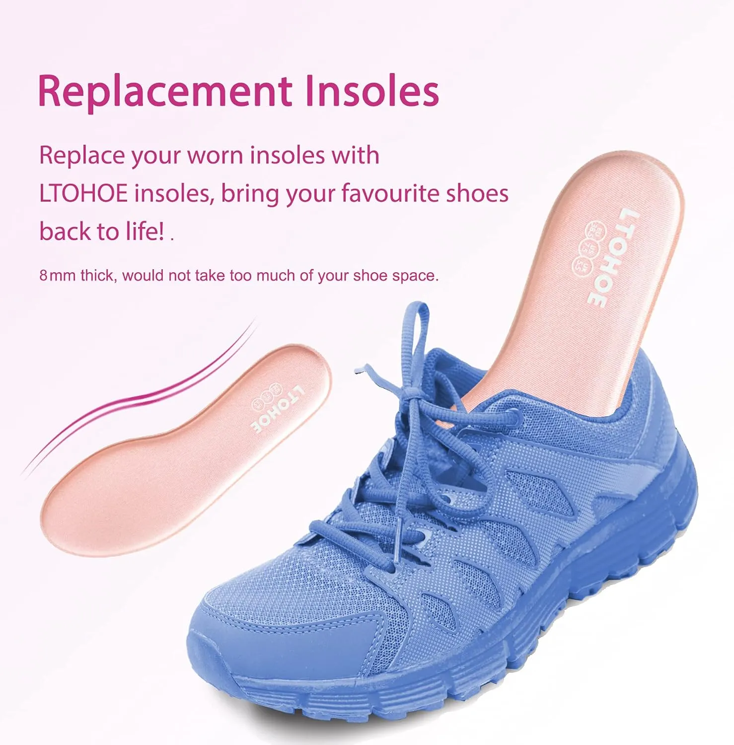LTOHOE Memory Foam Insoles for Women, Replacement Shoe Inserts for Running Shoes, Hiking Shoes, Sneaker, Cushion Shoe Insoles Shock Absorbing for Foot Pain Relief, Comfort Inner Soles 8mm Pink US 7