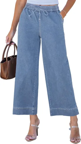 luvamia Wide Leg Jeans for Women High Waisted Cropped Pull On Jeans Elastic Wasit Drawstring Stretch Denim Trouser Pants