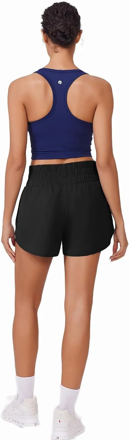 PINSPARK Running Shorts for Women Quick Dry High Waisted Athletic Short 2 in 1 Workout Gym Shorts with Zipper Pockets