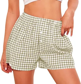 PRETTYGARDEN Womens Shorts Boxers 2025 Summer Gingham Pajama Lounge Sleep Y2K Plaid Pj Shorts Beach Bottoms