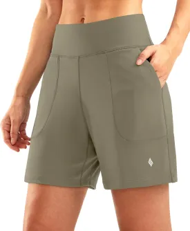 SANTINY Women's 6'' Athletic Long Shorts with 4 Pockets High Waisted Bermuda Shorts for Women Walking Running Casual
