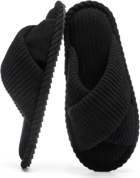 Slippers for Women Memory Foam House Bedroom Corduroy Crossbands Open Toe Slides Sandals Shoes Comfy Trendy Gift for womens Anti-Skid sole