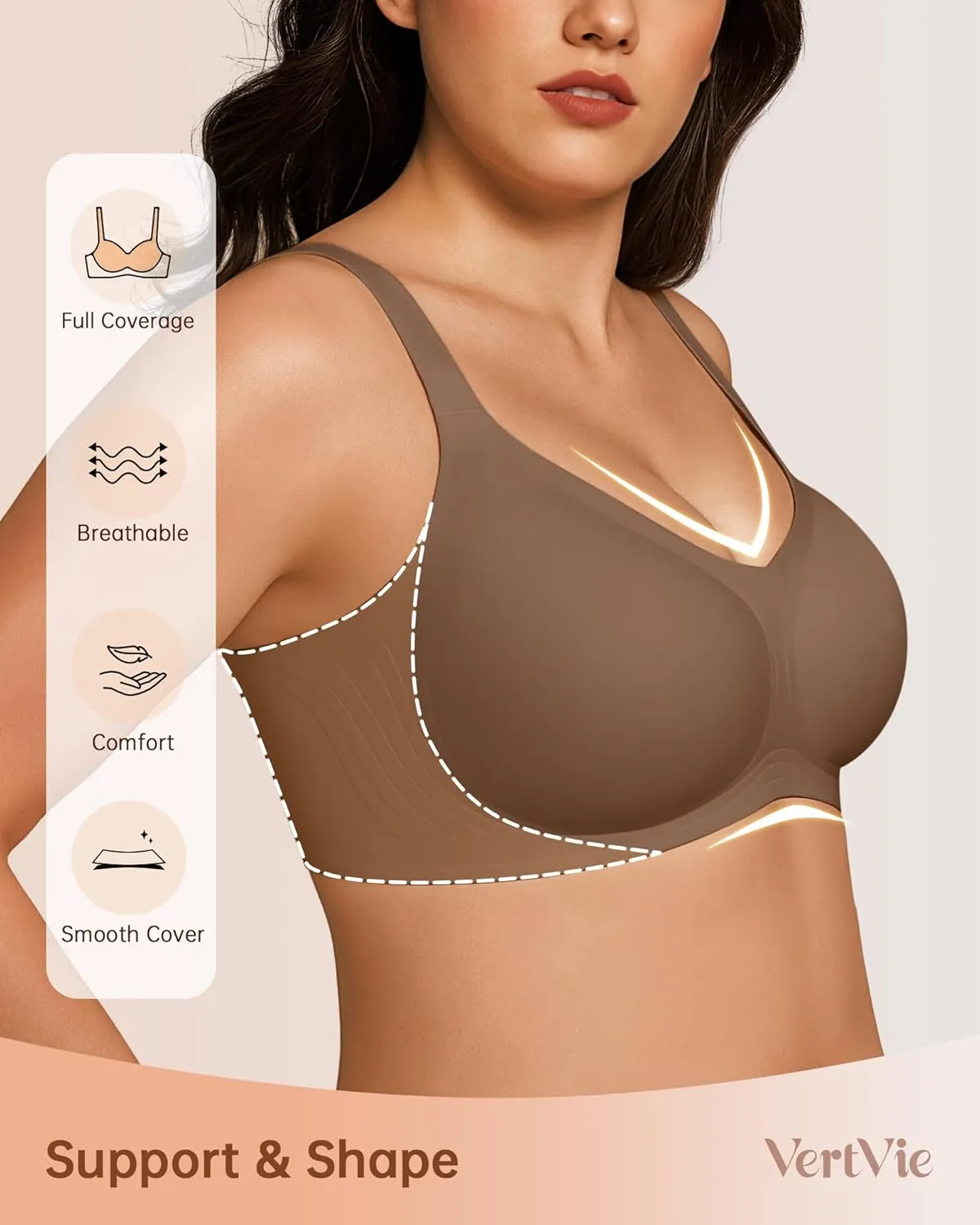 Vertvie Bras for Women No Underwire Wireless Support Bra Underarm-Smoothing Seamless Push Up Full Coverage T-Shirt Sports Bra