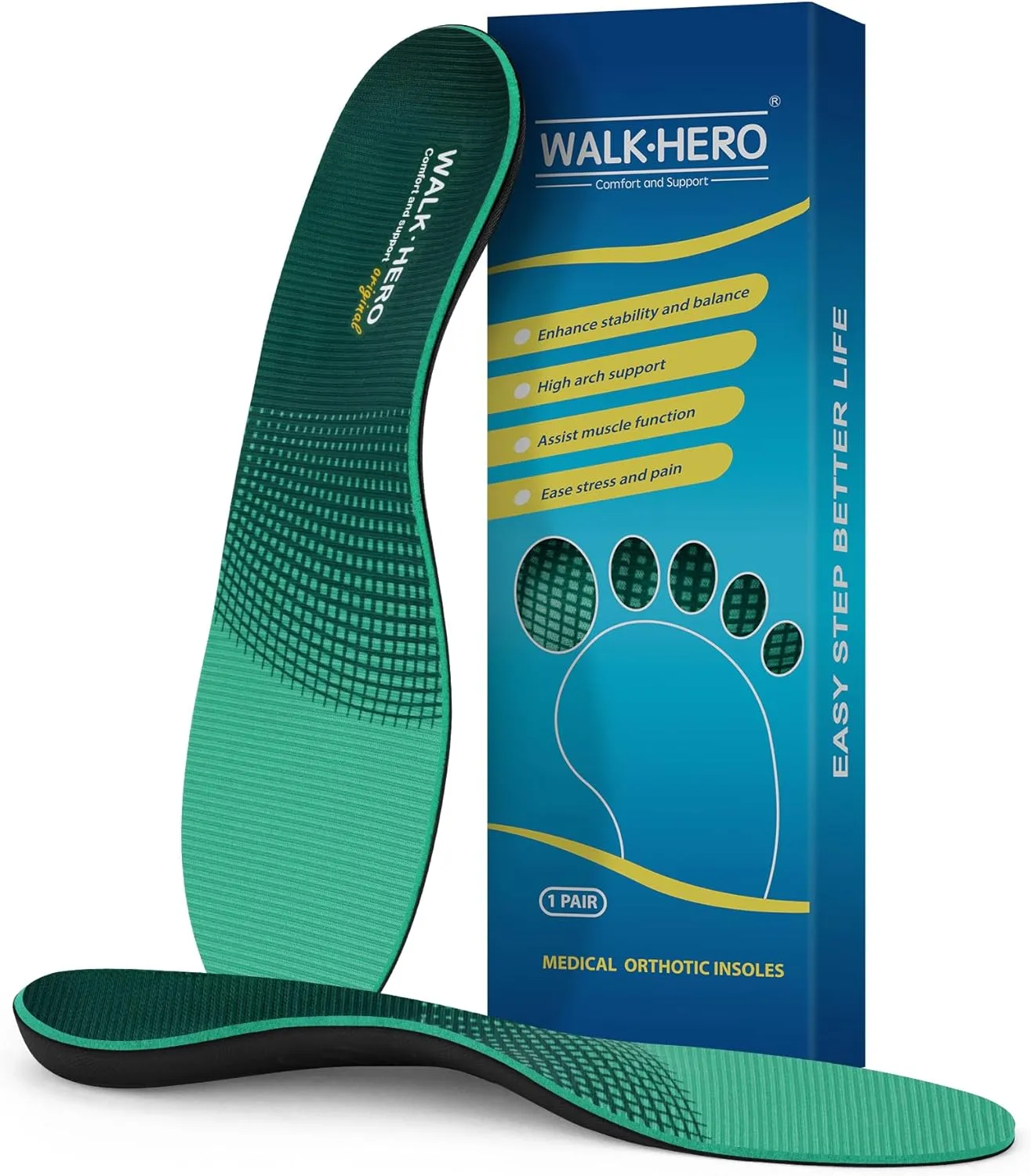 Walkhero Plantar Fasciitis Insoles - High Arch Support Inserts, Everyday Comfort and Support for Work Boots and Casual Shoes (Mens 12-12 1/2 | Womens 14-14 1/2 Green)