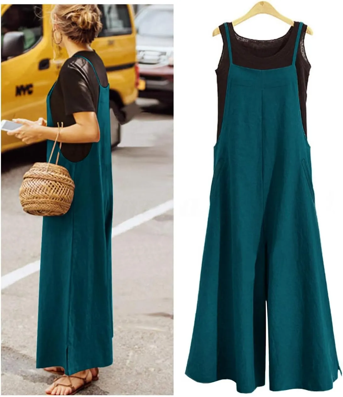 YESNO Women Casual Loose Long Bib Pants Wide Leg Jumpsuits Baggy Cotton Rompers Overalls with Pockets PZZTYP2