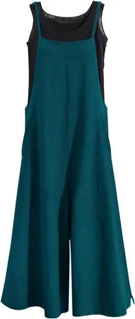 YESNO Women Casual Loose Long Bib Pants Wide Leg Jumpsuits Baggy Cotton Rompers Overalls with Pockets PZZTYP2