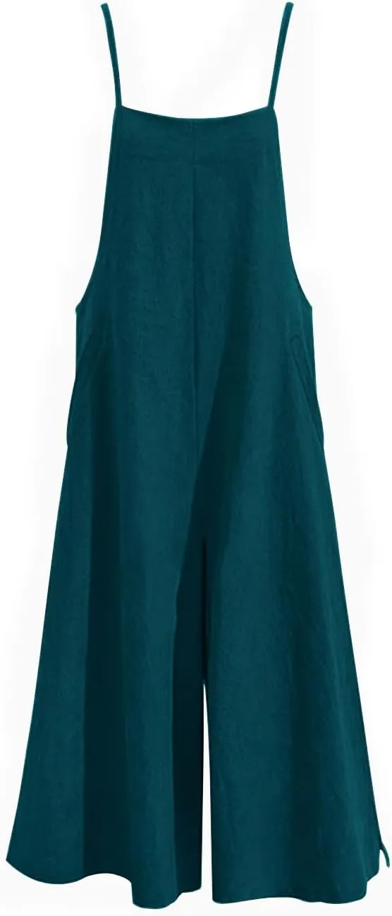 YESNO Women Casual Loose Long Bib Pants Wide Leg Jumpsuits Baggy Cotton Rompers Overalls with Pockets PZZTYP2