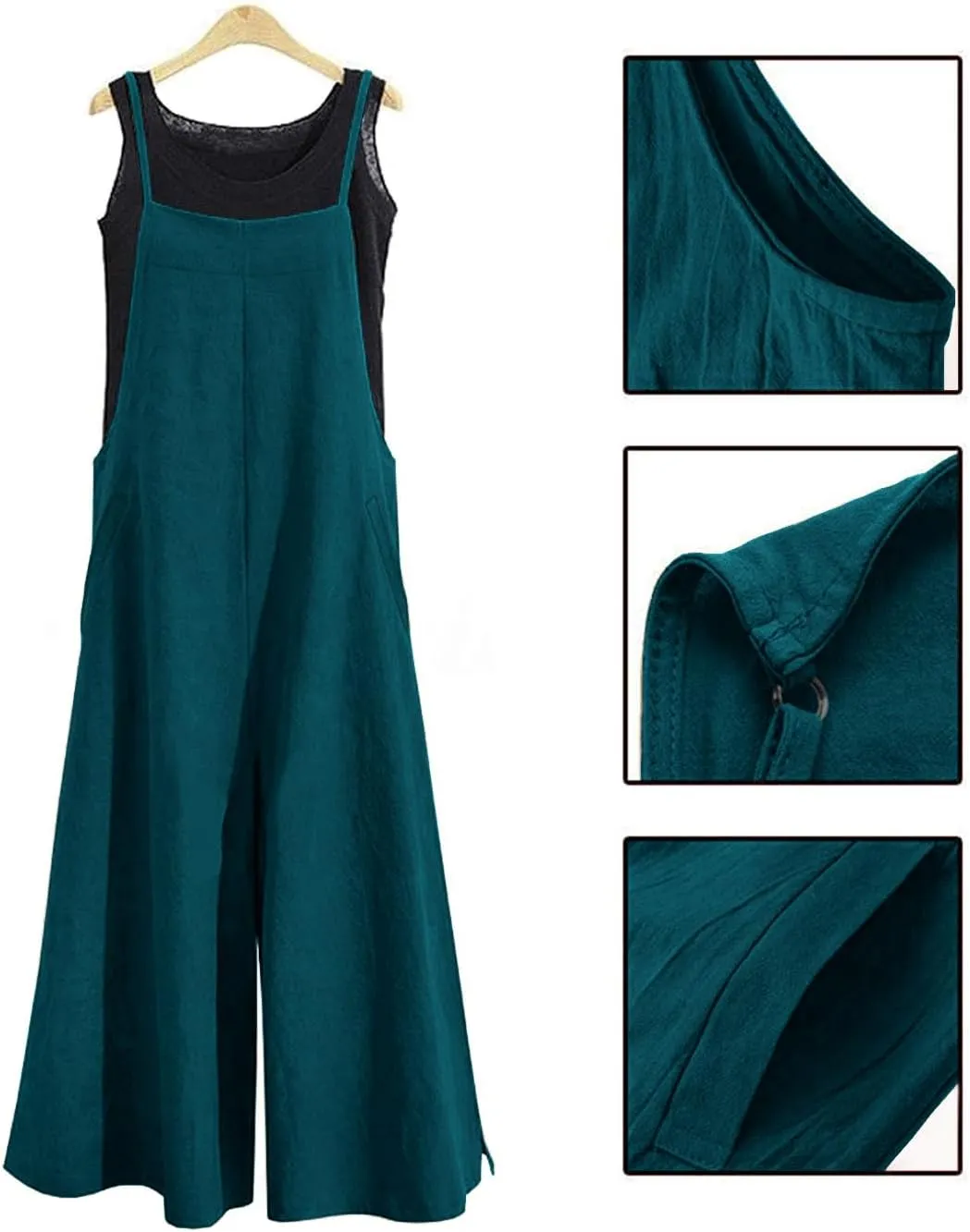 YESNO Women Casual Loose Long Bib Pants Wide Leg Jumpsuits Baggy Cotton Rompers Overalls with Pockets PZZTYP2