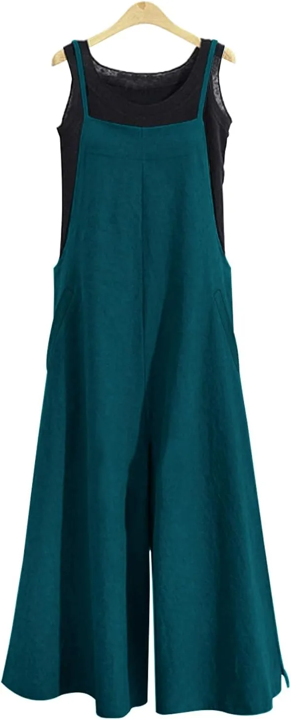 YESNO Women Casual Loose Long Bib Pants Wide Leg Jumpsuits Baggy Cotton Rompers Overalls with Pockets PZZTYP2