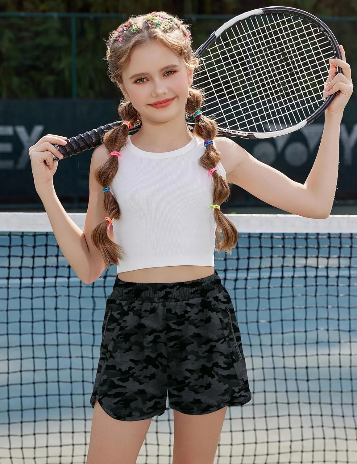 Zaclotre Girls Athletic Shorts with Zipper Pockets High Waisted Running Shorts Soccer Gym Sports Active Short for Kids