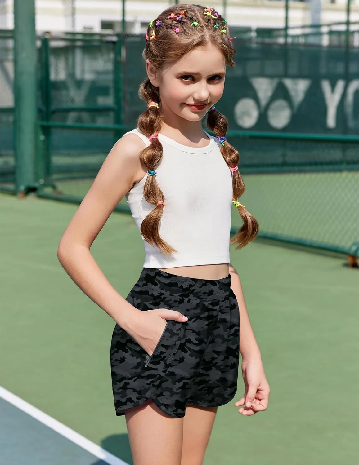 Zaclotre Girls Athletic Shorts with Zipper Pockets High Waisted Running Shorts Soccer Gym Sports Active Short for Kids