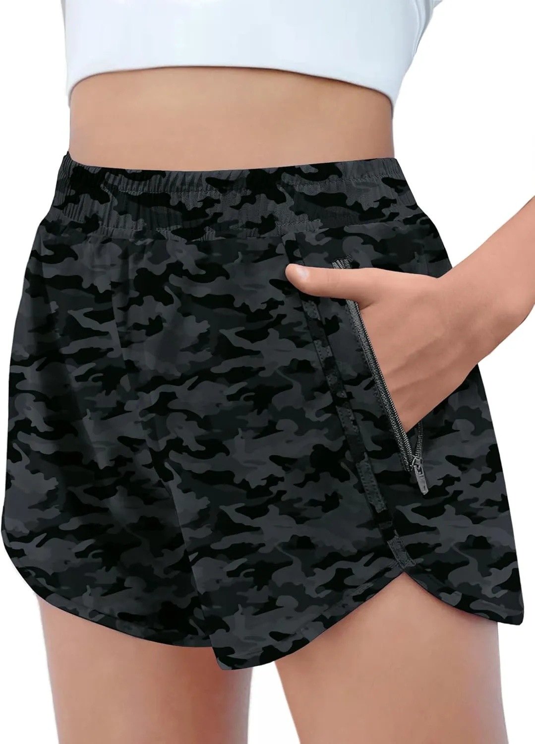 Zaclotre Girls Athletic Shorts with Zipper Pockets High Waisted Running Shorts Soccer Gym Sports Active Short for Kids